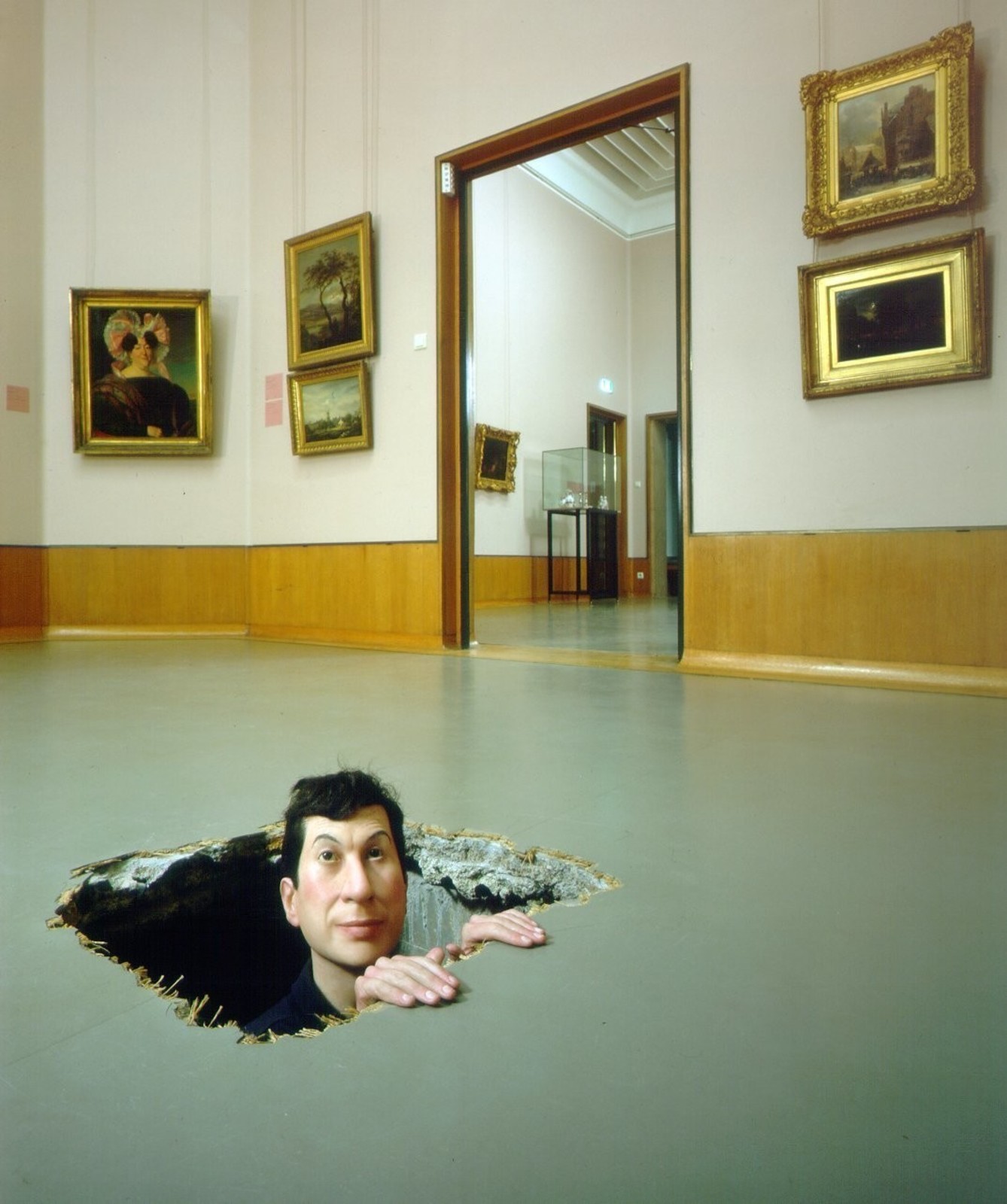 Maurizio Cattelan. Untitled. 2001. Wax, pigment, human hair, fabric, polyester resin. 150 x 50 x 32 cm. Galerie Perrotin (Lille, France).