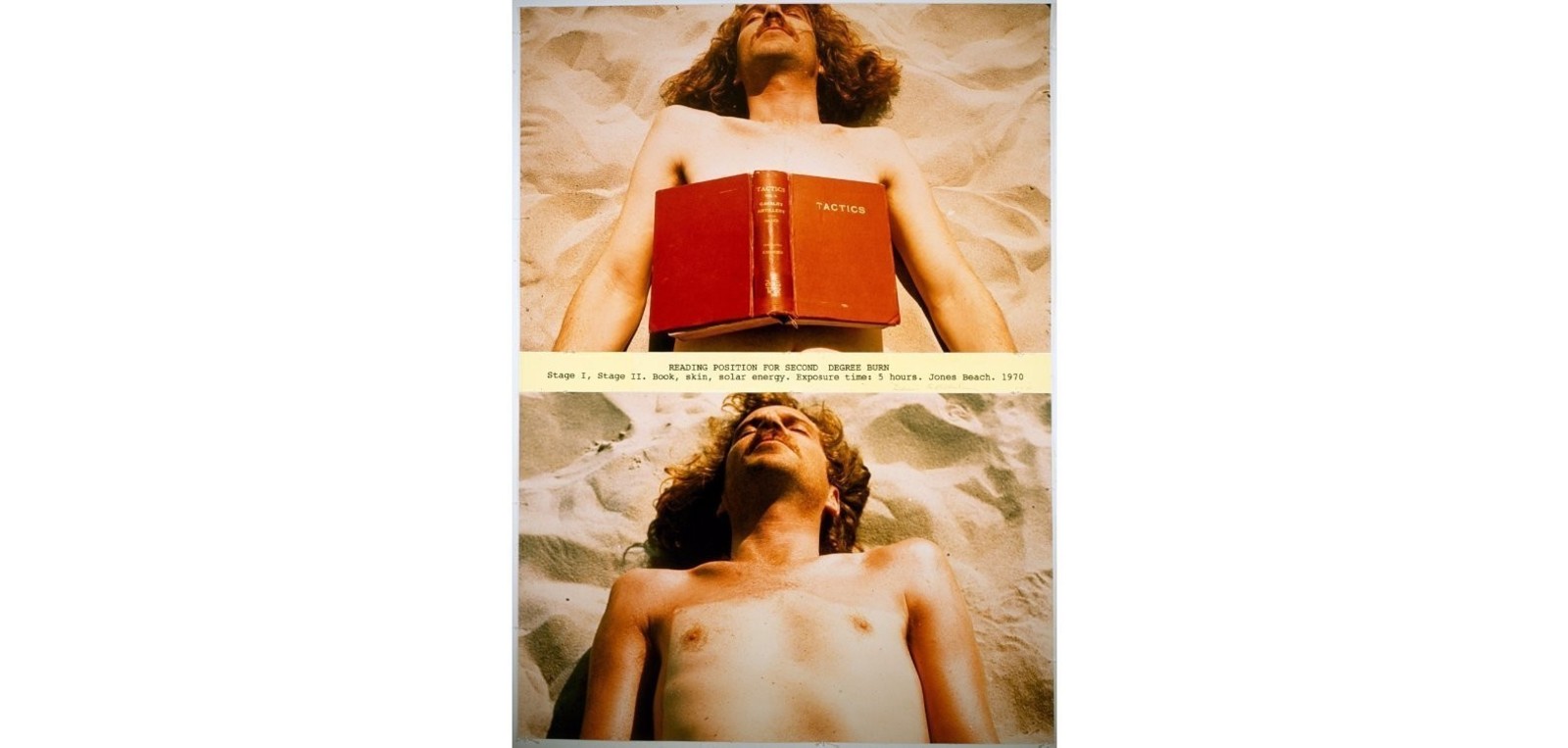 Деннис Оппенгейм  Чтение в позиции для второй степени ожога. 1970  Книга, кожа, солнечная энергия  Время экспозиции: 5 часов  Jones Beach, Нью-Йорк