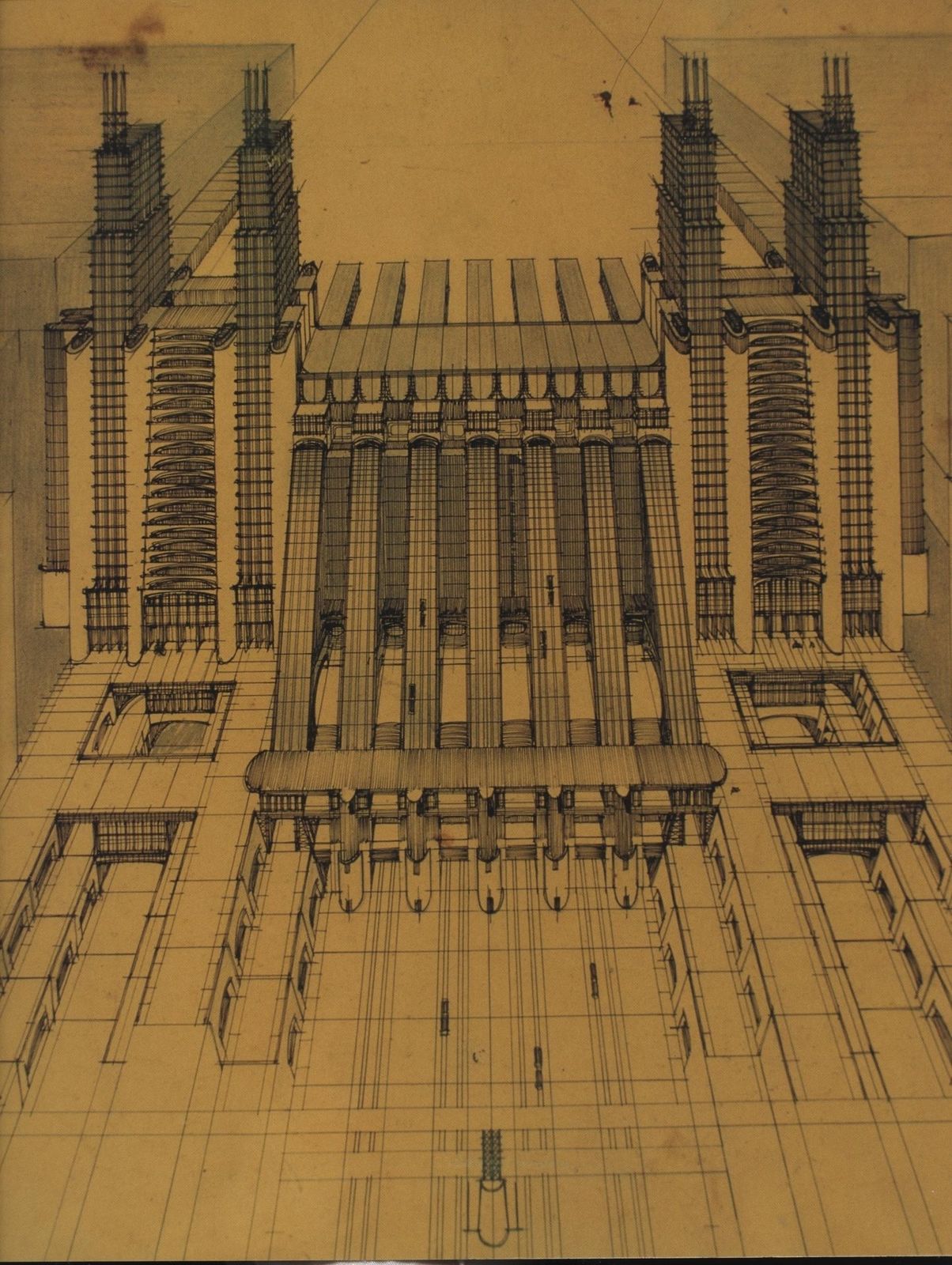 Antonio Sant'Elia. Citt&agrave; Nuova: Railway station and airport with funiculars and elevators on three levels. 1914. &copy; Museo Civico, Palazzo Volpi, Como