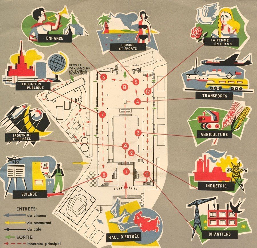 Схема экспозиции на 1-м этаже павильона СССР на Всемирной выставке в Брюсселе 1958 года Источник: буклет павильона СССР