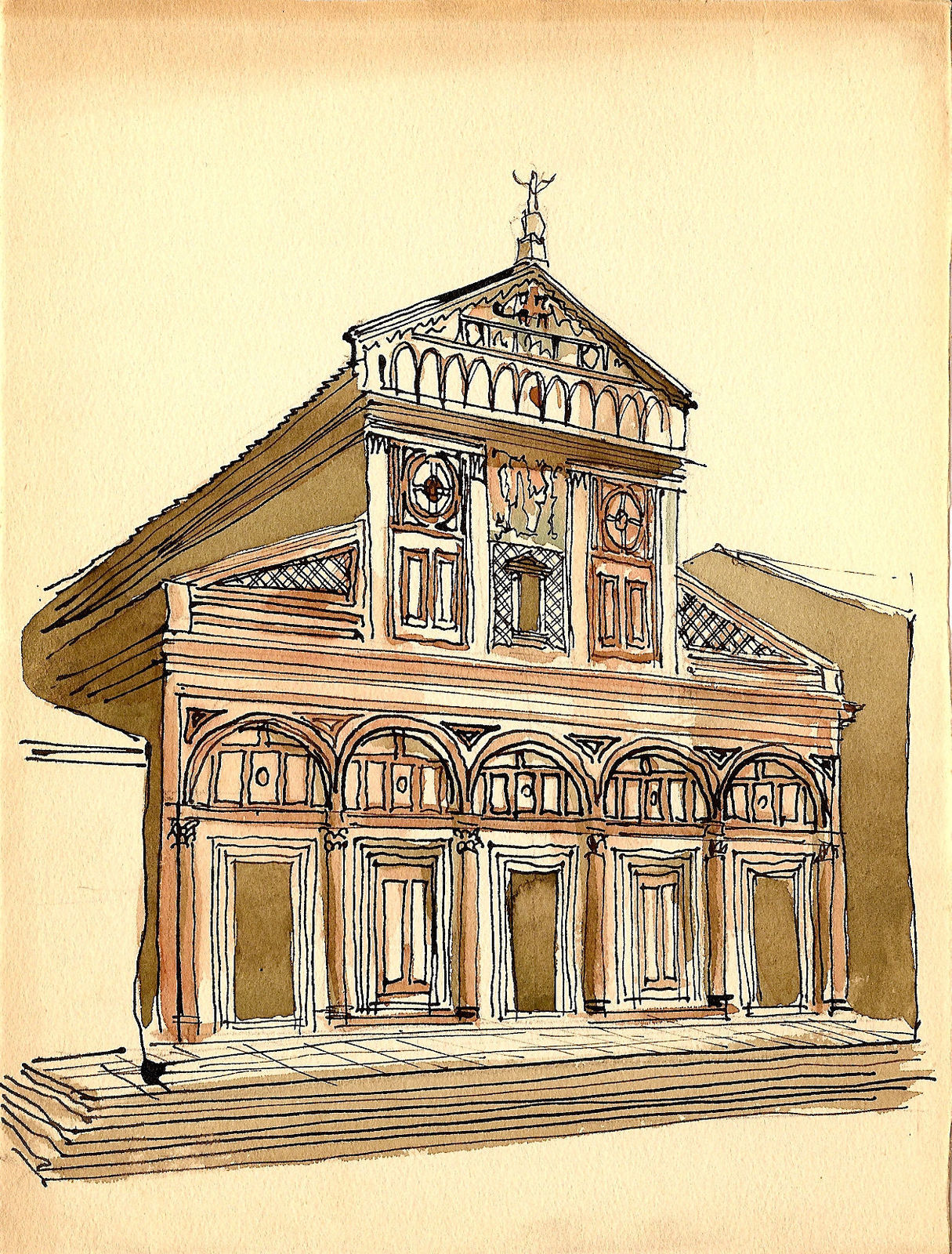 Leonid Pavlov. Fa&ccedil;ade of San Miniato al Monte, Florence. Drawing made at the postgraduate school of the Academy of Architecture. Late 1930s&copy; Pavlov Family Archive