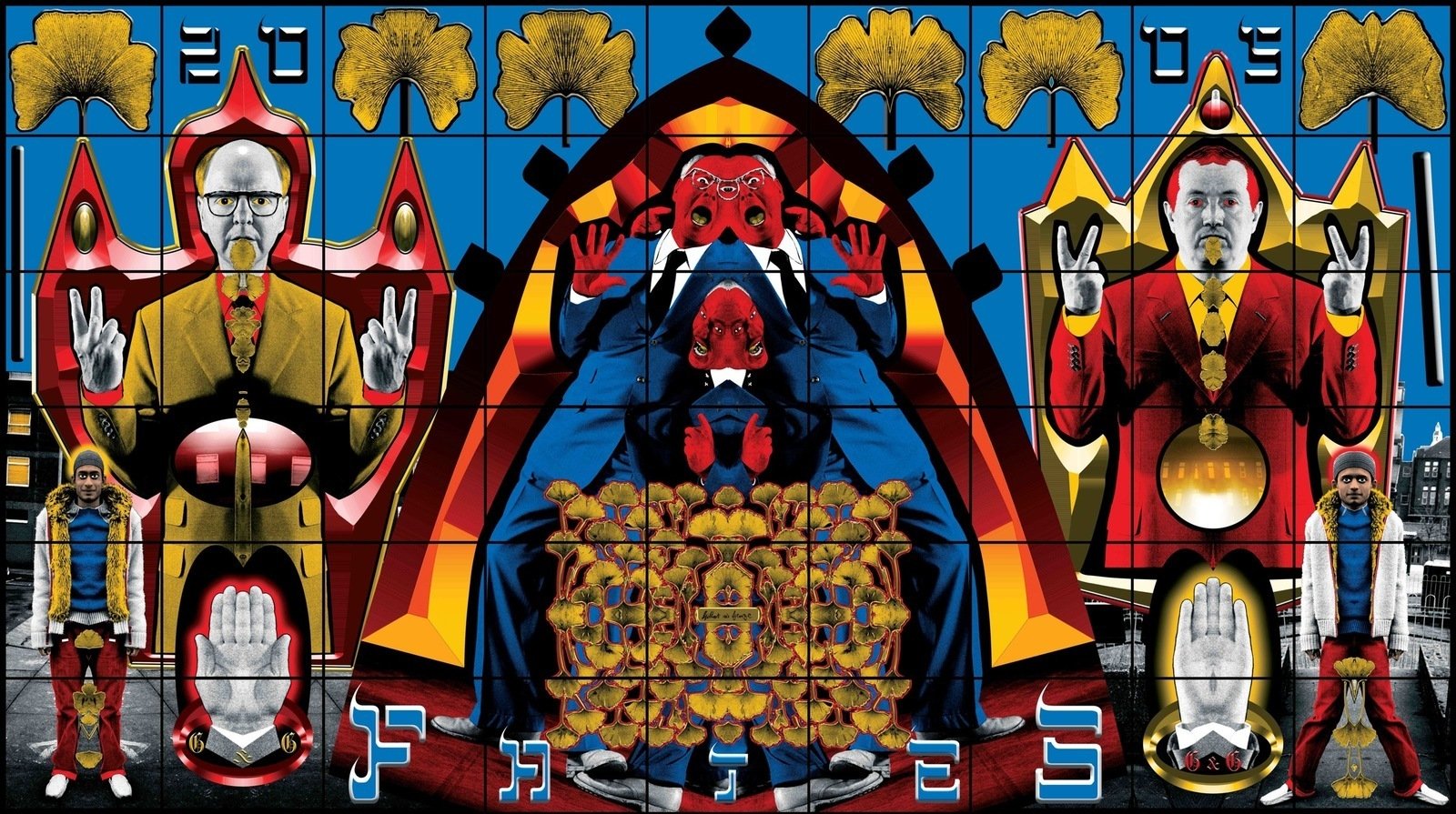 Gilbert &amp; George. Fates, 2005. Digital transfer on photographic paper with India ink. 426 x 760 cm. Tate, London.