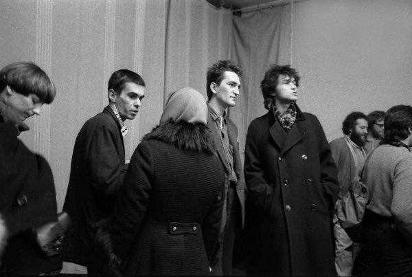 Timur Novikov, Viktor Tsoi, and Vadim Ovchinnikov at the 17th Exhibition of Works by Young Artists, Moscow, 1986Photo: Alexander Zabrin