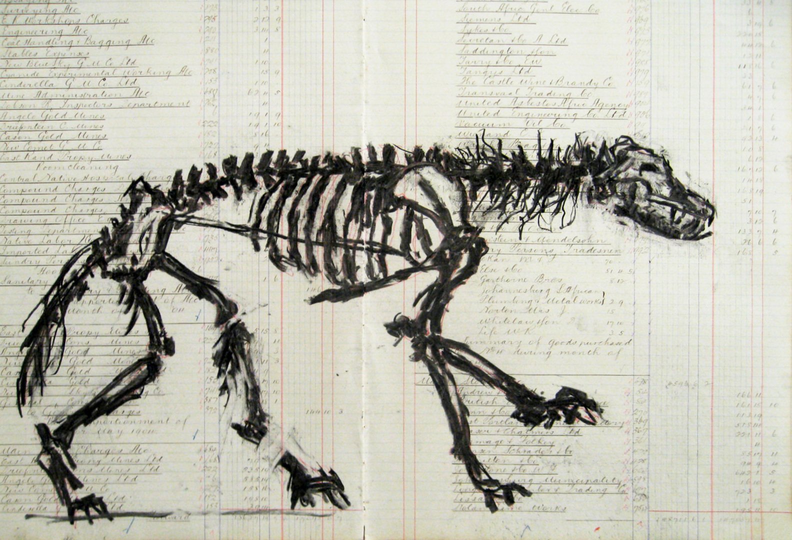 William Kentridge, drawing for Triumphs and Laments (She-Wolf skeleton), charcoal on ledger pages. Image courtesy the artist. Greg Kucera Gallery. Seatle, Washington, USA.