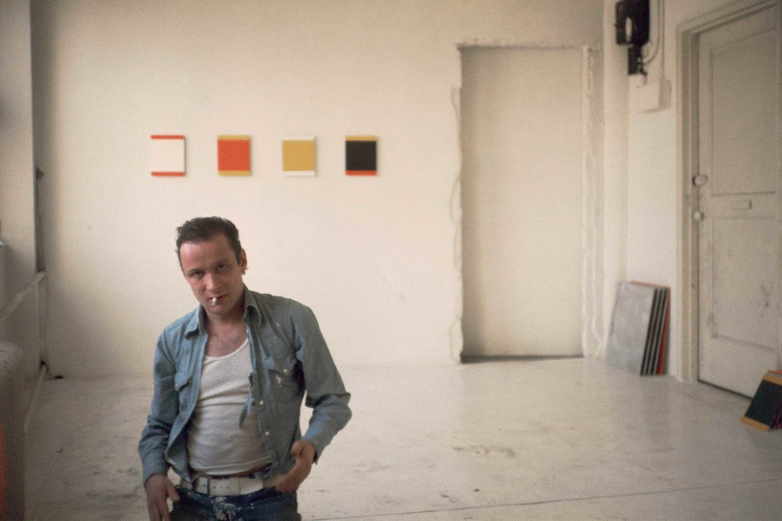Blinky Palermo at his studio on Fulton Street, New York, 1975. Photo: Helen Winkler Fosdick.