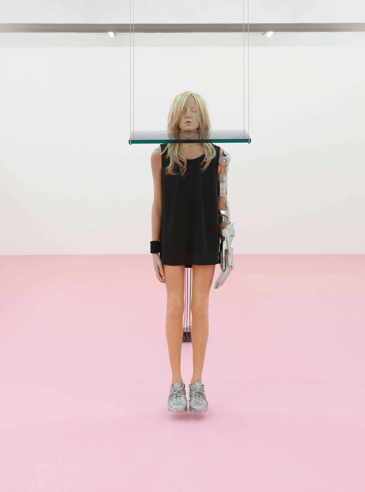 Andro WekuaUntitled, 2014Synthetic hair, silicone, wax, polymer plaster, PU foam, steel, glass, synthetic rope, aluminum cast, fabric, motors, electronics, and mechanicsInstallation view, K&ouml;lnischer Kunstverein, 2016Photo: Simon VogelCourtesy of the artist and Gladstone Gallery, New York and Brussels&copy; Andro Wekua