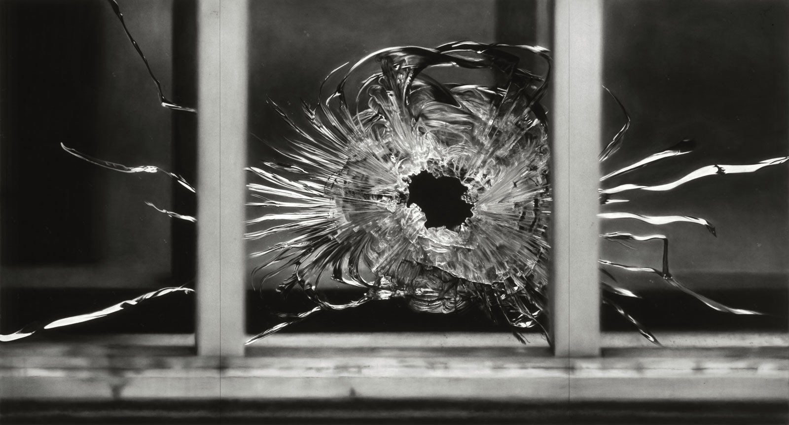 Untitled (Bullet Hole in Window, January&nbsp;7, 2015), 2015&ndash;2016.&nbsp;Charcoal on&nbsp;mounted paper, 76 x 143 inches (193 x&nbsp;363.2 cm).&nbsp;Courtesy of the artist and&nbsp;Galerie Thaddaeus Ropac; London,&nbsp;Paris, Salzburg.