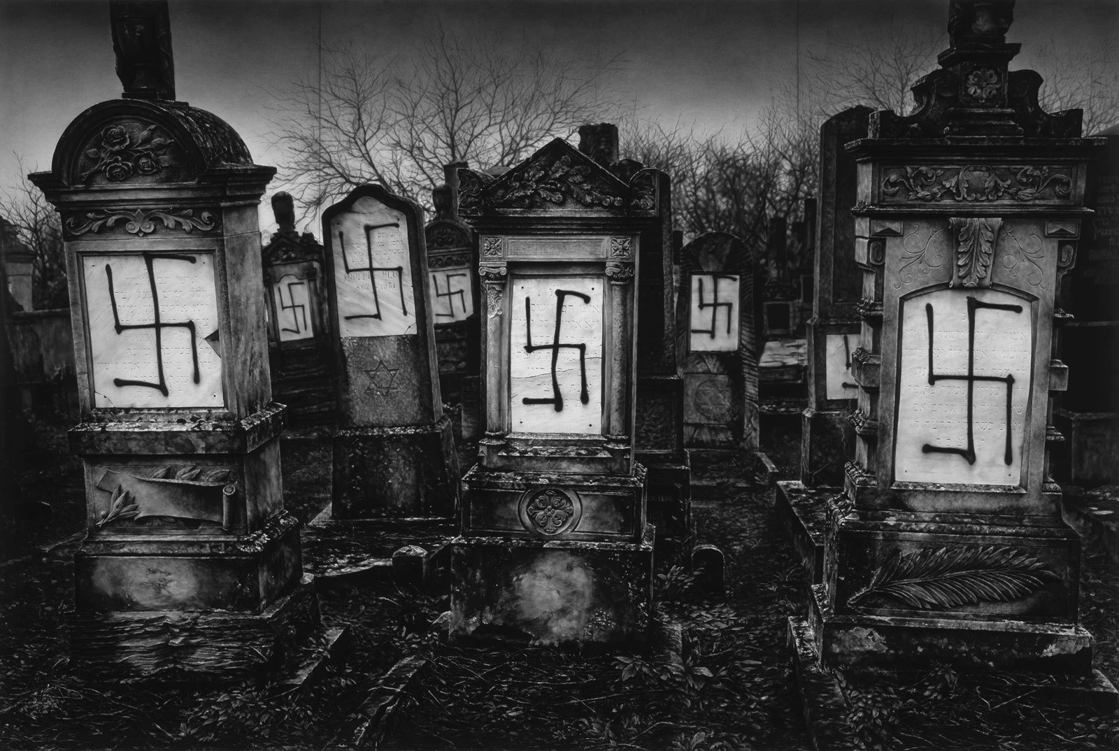 Untitled (Defaced Jewish Cemetery;&nbsp;Strasbourg, France; December 14,&nbsp;2018), 2019.&nbsp;Charcoal on mounted&nbsp;paper, 96 x 144 inches (243.8 x 365.8&nbsp;cm).&nbsp;Courtesy of the artist and Metro&nbsp;Pictures, New York.
