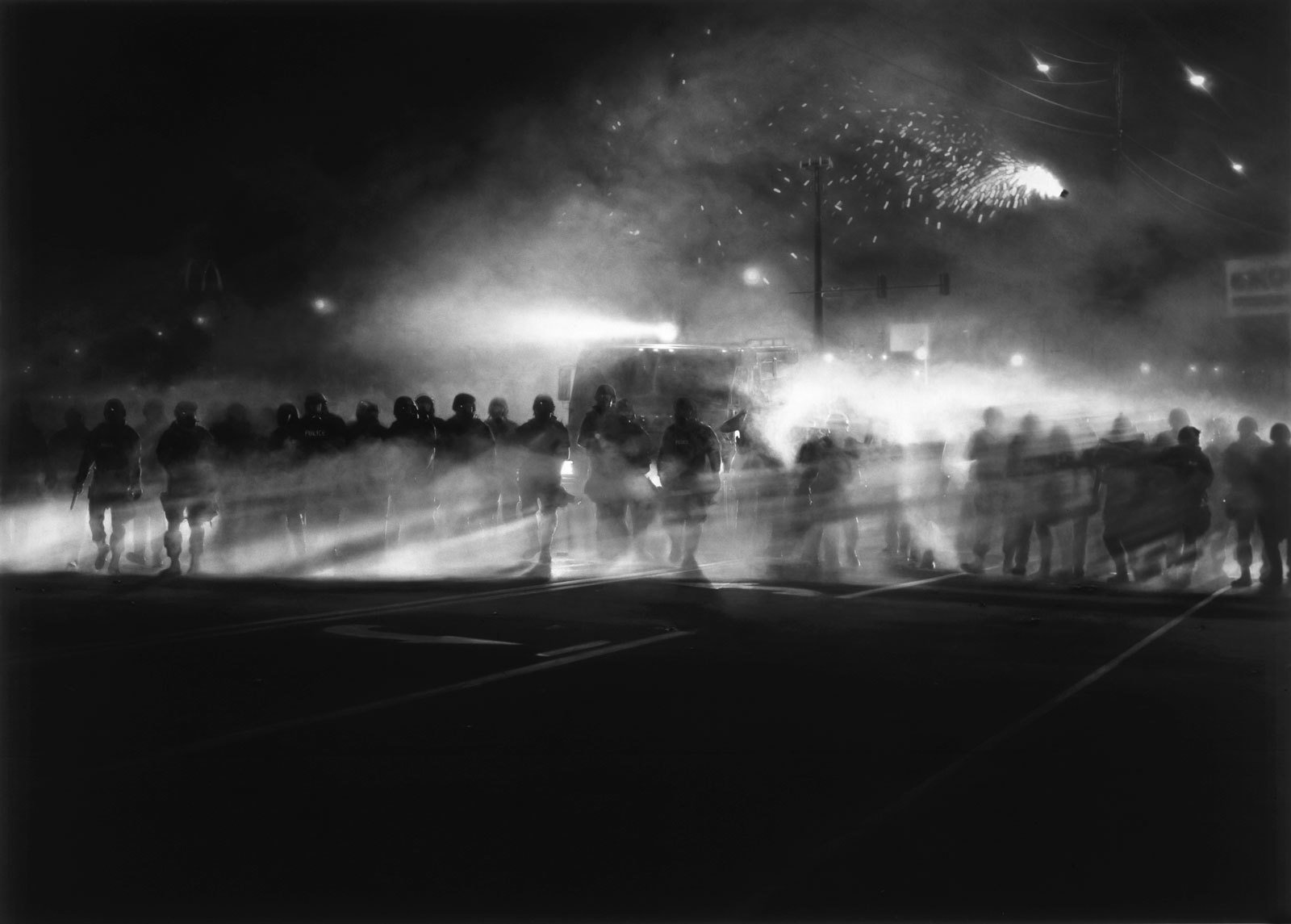 Untitled (Ferguson Police, August 13,&nbsp;2014), 2014.&nbsp;Charcoal on mounted&nbsp;paper, 86 x 120 inches (218.4 x 304.8&nbsp;cm).&nbsp;Courtesy of the artist; Metro&nbsp;Pictures, New York; Petzel, New York.&nbsp;Collection of The Broad Art Foundation.