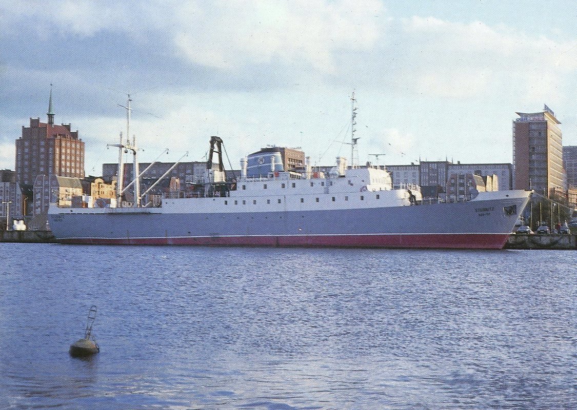 Postcard of the Stubnitz trawler in Rostock harbor, 1993. Photo: Antonia Neubacher. Garage Archive Collection (Andrey Khlobystin archive)
