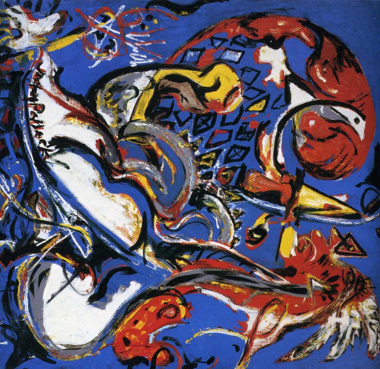 Джексон Поллок. Женщина-луна, режущая круг. 1943. Холст, смешанная техника. 104 x 109,5 см. Центр Жоржа Помпиду, Париж