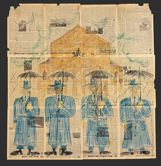 Константин Звездочетов Голубые у Большого. 1982 Газеты, цветные мелки. 174х166 Коллекция Вадима Захарова, Берлин Предоставлено автором