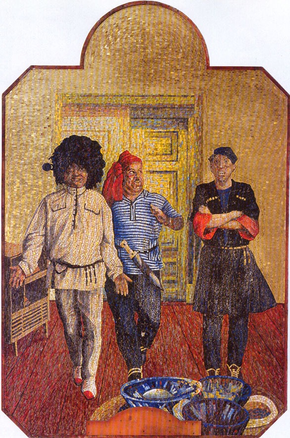 Константин Звездочетов Артисты – метростроевцам. 1992 Дерево, мозаика, смальта, золото. 300х200 Коллекция галереи «Риджина», Москва Предоставлено автором