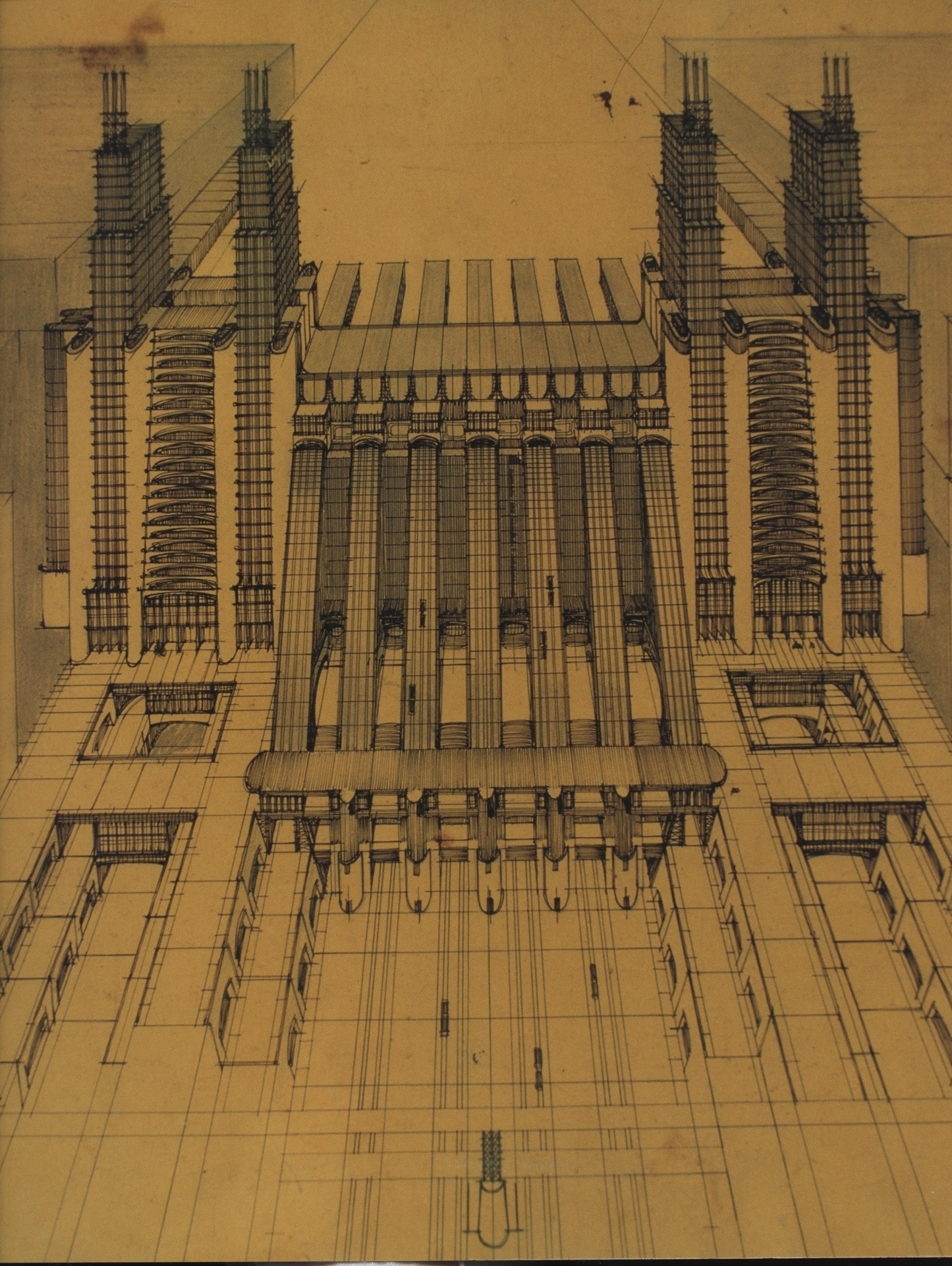 Антонио Сант-Элиа. La Citta Nuova: аэрожелезнодорожный вокзал с фуникулерами и элеваторами на трех уровнях. 1914. © Museo Civico, Palazzo Volpi,Como