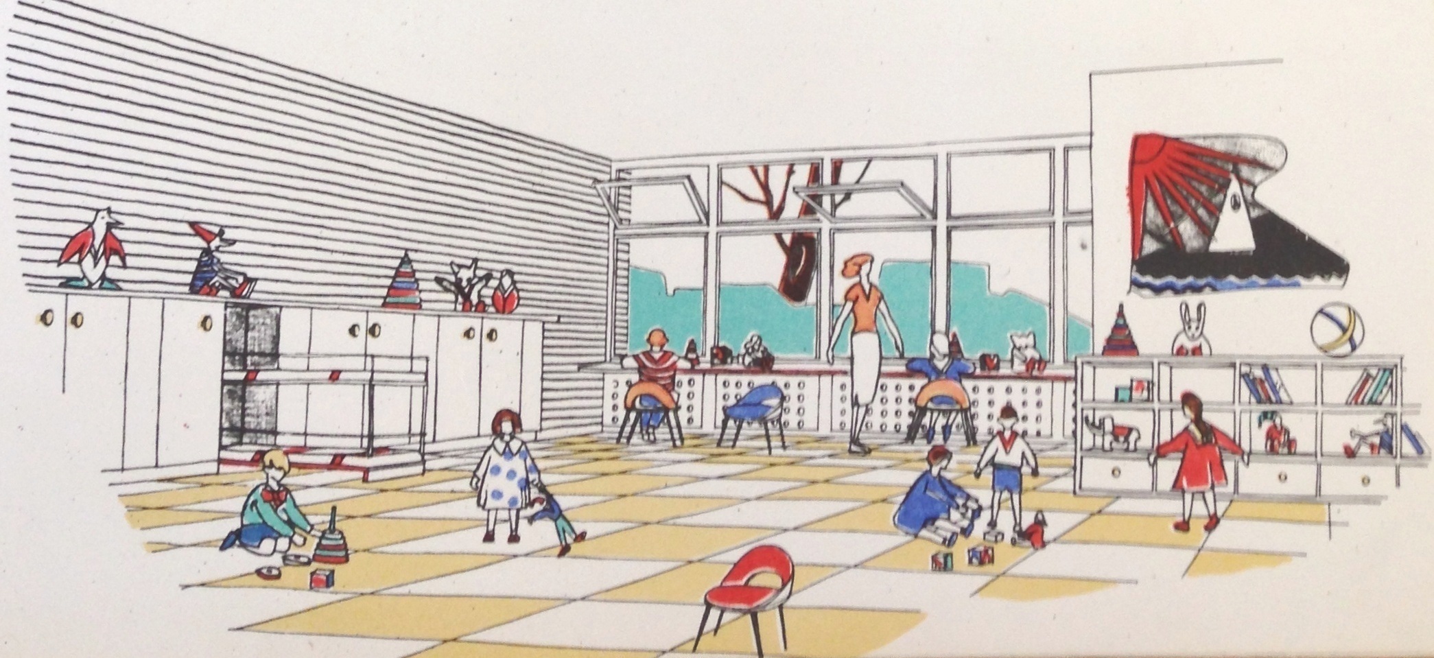 A. Gurkov, M. Tsygankov, M. Svirskaya. A kindergarten project for 560 children. Interior view. From the Moscow Construction magazine, 1963, No. 2, p. 30