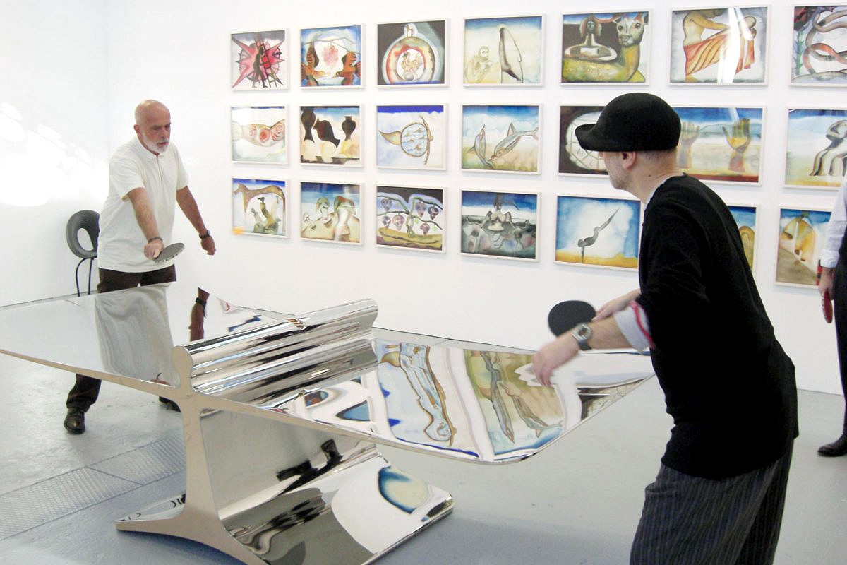 New Ping Pong, 2008-2015Mirror polished stainless steel and patinated bronze.83,4 x 276,3 x 149,6 cmCourtesy Gary Tatintsian Gallery & Artist's studio