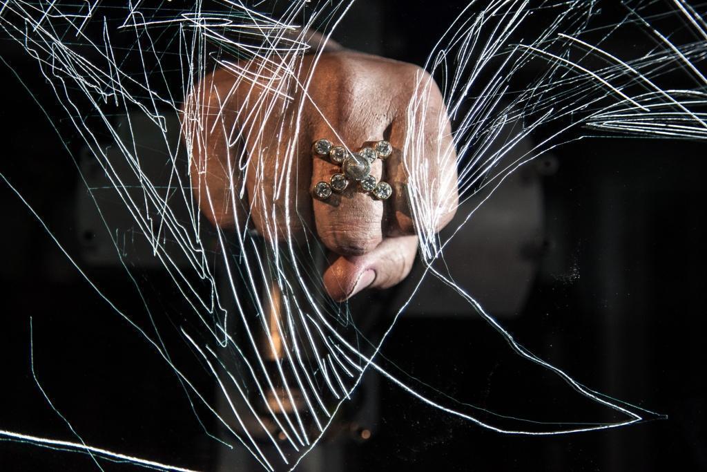 Last Train machineAluminium frame, steel mechanism, resin hand, diamond ring118 cm x 146 cm x 36 cmCourtesy Gary Tatintsian Gallery & Artist's studio