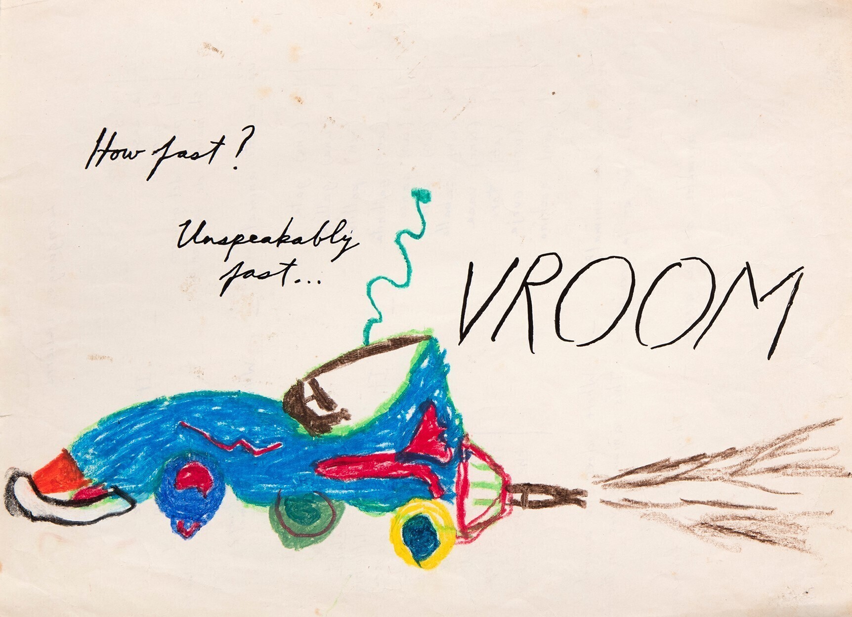 Raymond PettibonNo Title (How fast? Unspeakably&hellip;), ca.1960s/2000s21.6 &times; 27.9 cmCrayon and ink on paperCourtesy David Zwirner, New York