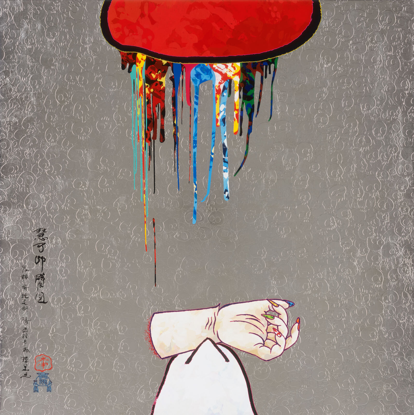 Takashi MurakamiEka Danpi (&ldquo;Eka&rsquo;s Amputation&rdquo;)&mdash;My Heart Bursts with Adoration for My Master and So I Offer My Arm to Him, 2015Acrylic and platinum leaf on canvas mounted on aluminum frame100 &times; 100 &times; 5 cmCourtesy Perrotin&copy; 2015 Takashi Murakami/Kaikai Kiki Co., Ltd. All Rights Reserved.