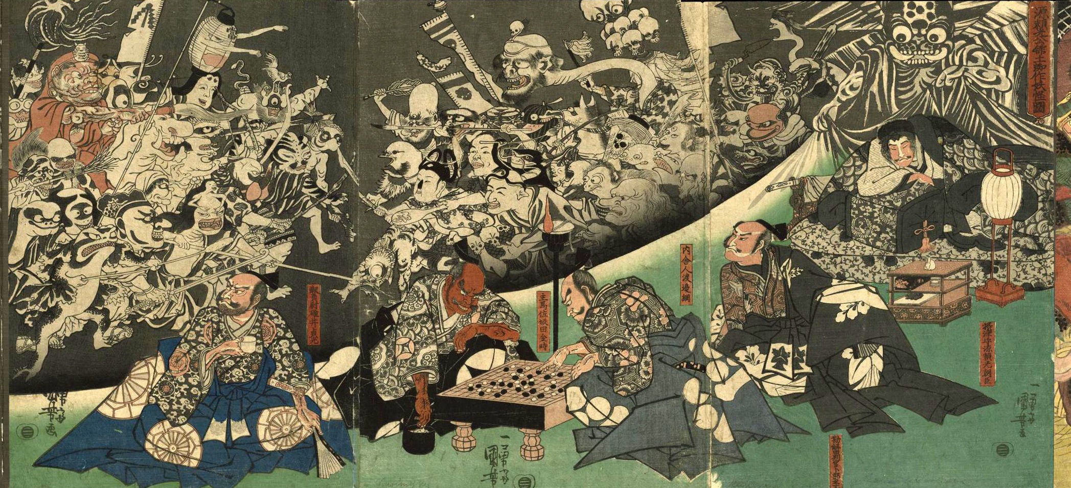 Утагава Куниёси. Земляной паук насылает чертей в усадьбу Минамото но Ёримицу (Райко). 1848Триптих. Бумага, цветная ксилографияГосударственный музей изобразительных искусств имени А.С. Пушкина