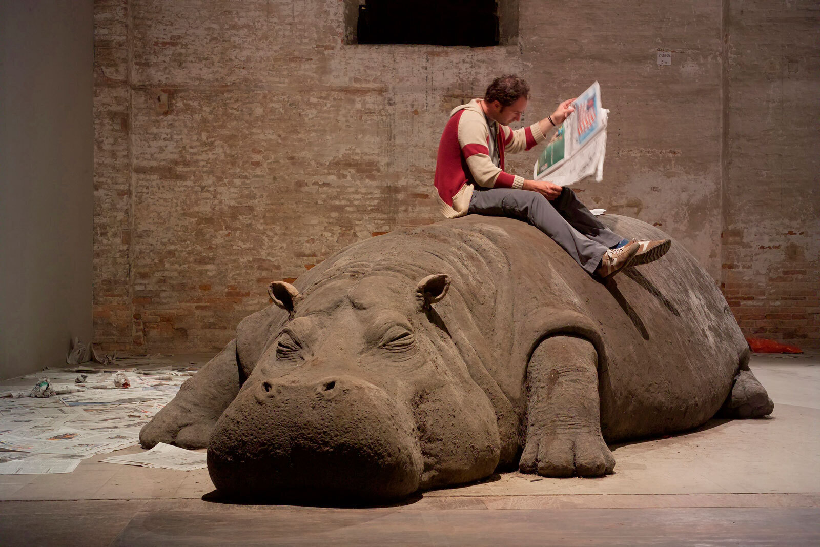 Allora & CalzadillaHope Hippo, 2005Mud, whistle, daily newspaper, performer, 488 × 183 × 154 cmInstallation view, Always a Little Further, 51st Venice Biennale, 2005Photo: Giorgio Boata© Allora & Calzadilla