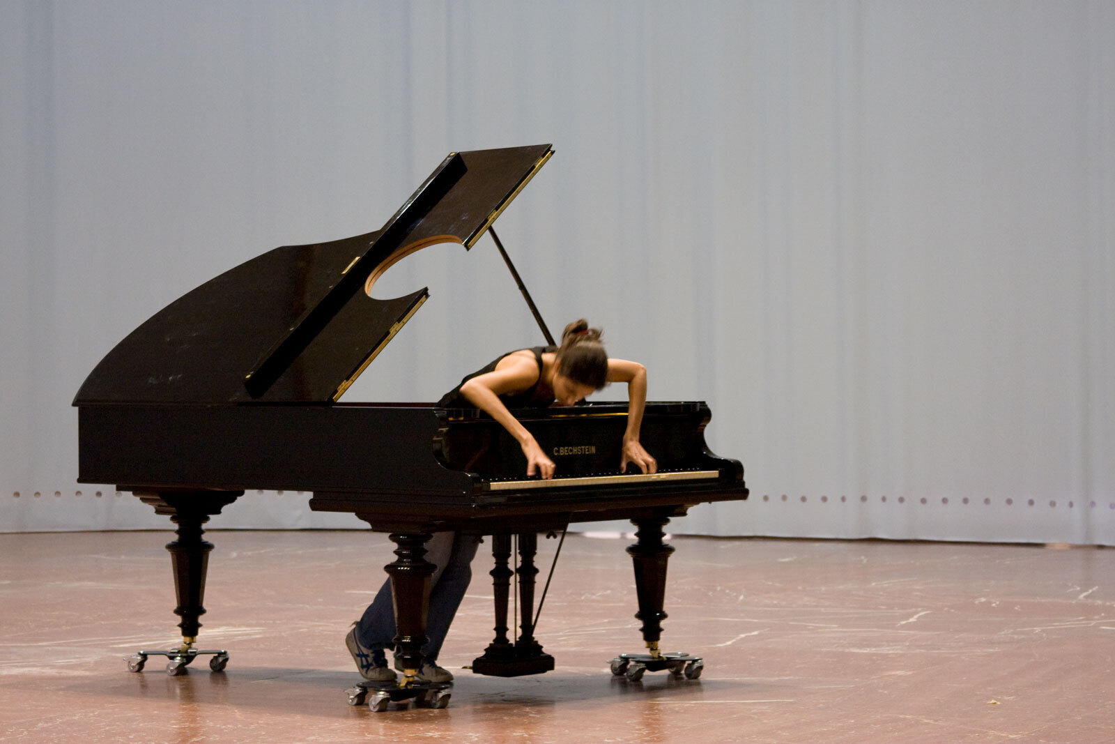 Allora & CalzadillaStop, Repair, Prepare: Variations on “Ode to Joy” for a Prepared Piano, 2008Prepared Bechstein piano, pianist (Andrea Giehl depicted in photo), piano 101.5 × 165 × 215 cmPhoto: Marino Solokov© Allora & Calzadilla, Haus der Kunst, Munich