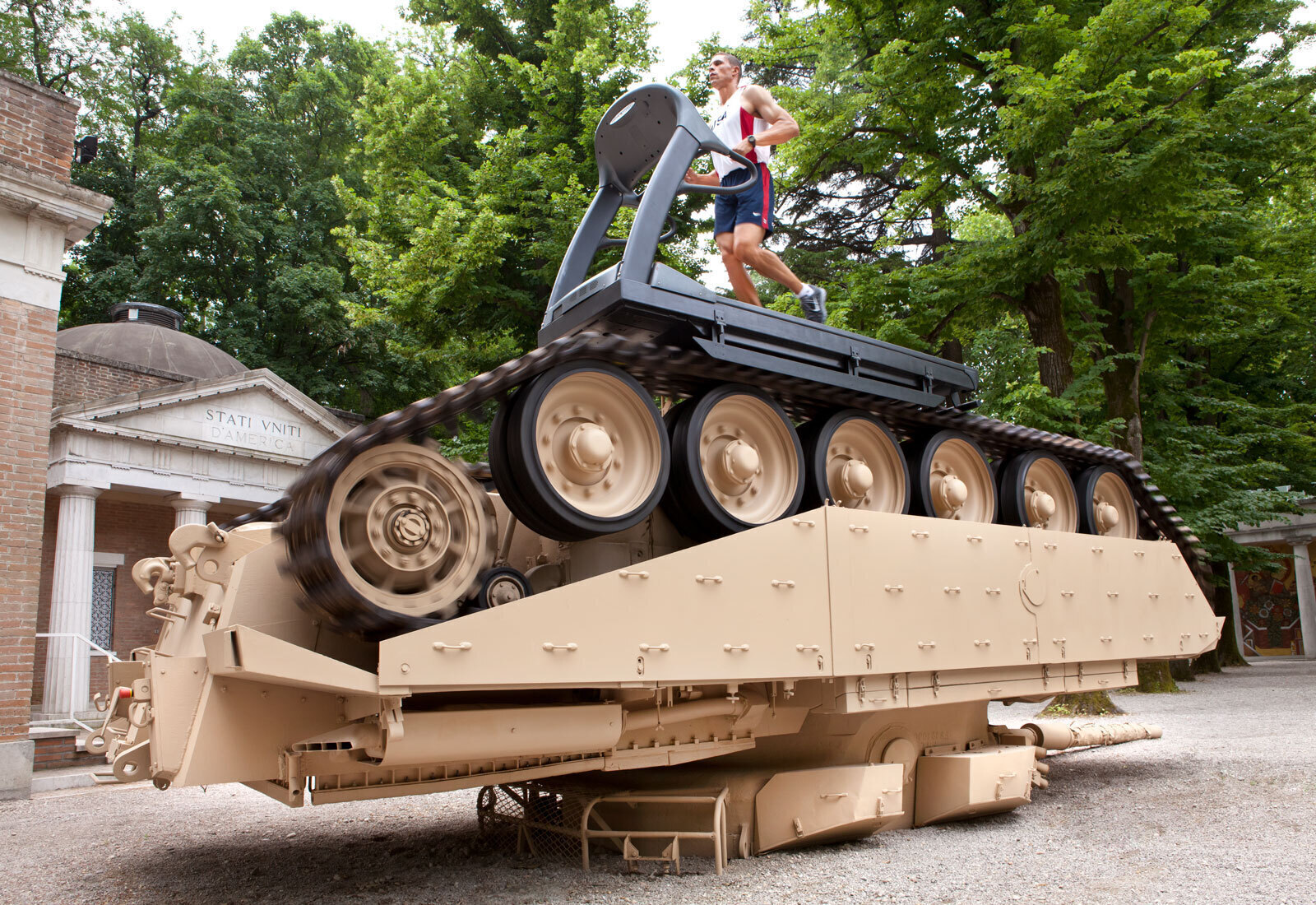 Allora & CalzadillaTrack and Field, 2011Tank and treadmill, runner (Dan O’Brien, 1996 Olympic Decathlon gold medalist, depicted), dimensions variableInstallation view, Gloria, US Pavilion, presented by the Indianapolis Museum of Art, 54th Venice Biennale, 2011Photo: Andrew Bordwin© Allora & Calzadilla
