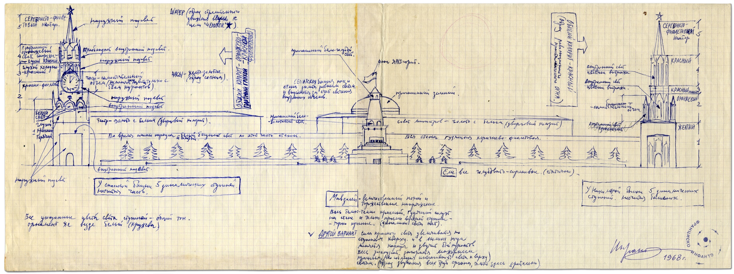 Франциско Инфанте-Арана. Проект-схема кинетического освещения башен Московского Кремля и Красной площади. 1968ЭскизАрхив Музея современного искусства «Гараж», фонд Франциско Инфанте-Араны