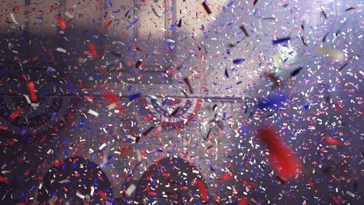 Давид КларбаутКонфетти. 2015&ndash;2018Двухканальная цветная видеопроекция, 3D-анимация, без звука. 18 мин. 25 сек.Предоставлено студией Давида Кларбаута&copy; David Claerbout