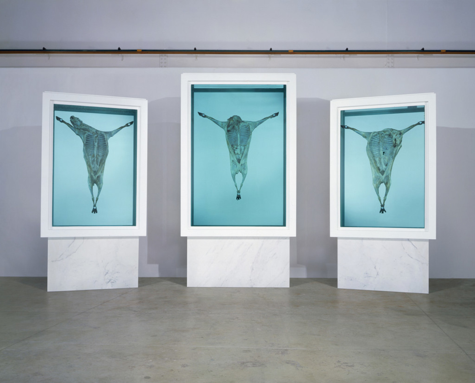 Damien Hirst. God Alone Knows. 2007. Glass, painted stainless steel, silicone, mirror, stainless steel, plastic cable ties, sheep and formaldehyde solution with steel and Carrara marble plinths. Triptych: 325 x 171 x 61 сm (left), 380,5 x 201 x 61 сm (centre), 325 x 171 x 61 mm (right). The Astrup Fearnley Museum of Modern Art, Oslo