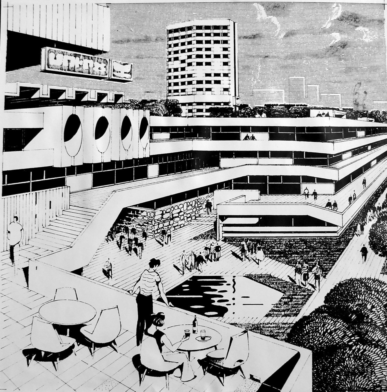 Sketch of Central Business district in Residential Area, Yerevan/Armenia, late 1970s. Architect: M. Tovmasyan