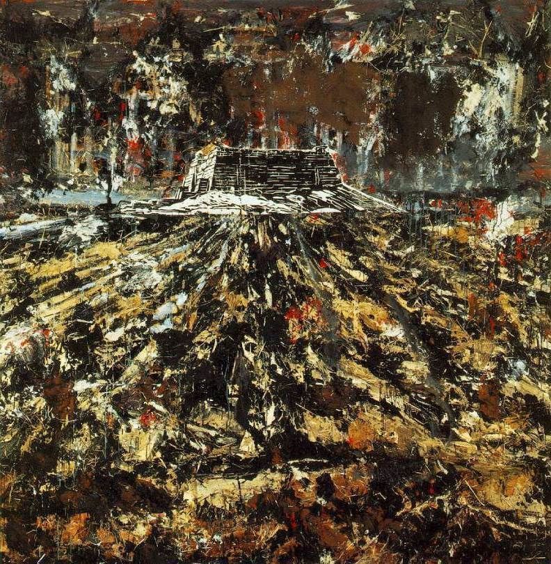 Anselm Kiefer  Dem Unbekannten Maler (To the Unknown Painter), 1983  Oil, emulsion, woodcut, shellac, latex paint, and straw on canvas   280.67 x 280.67 cm