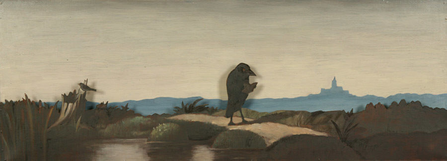 Виктор ПивоваровЧитающая птица в ландшафте (по картине Карла Шпицвега).1998 Дерево, маслоПредоставлено Музеем АРТ4