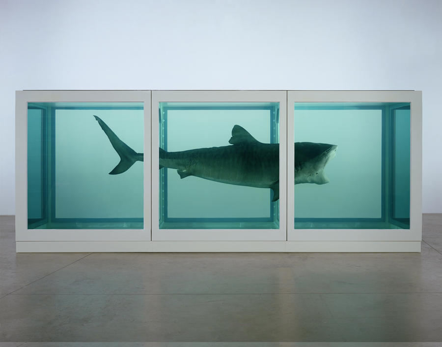 Damien Hirst, The Physical Impossibility of Death in the Mind of Someone Living, 1991. Tiger shark, glass, steel, 5%&nbsp;formaldehyde&nbsp;solution, 213 &times; 518 cm. Private collection