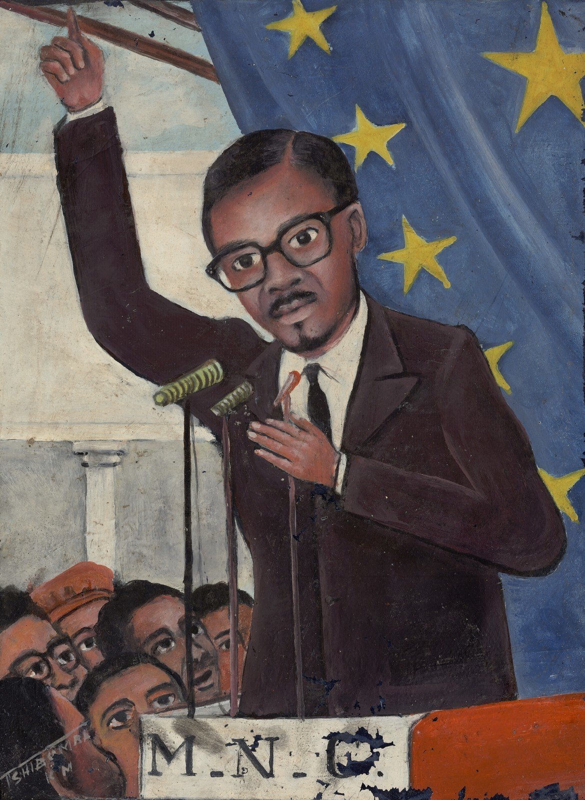 Tshibumba Kanda Matulu (Burozi). Speech of Lumumba, MNC. Lubumbashi, Haut-Katanga, DRC, 1998. Oil on canvas. RMCA Collection, Tervuren.