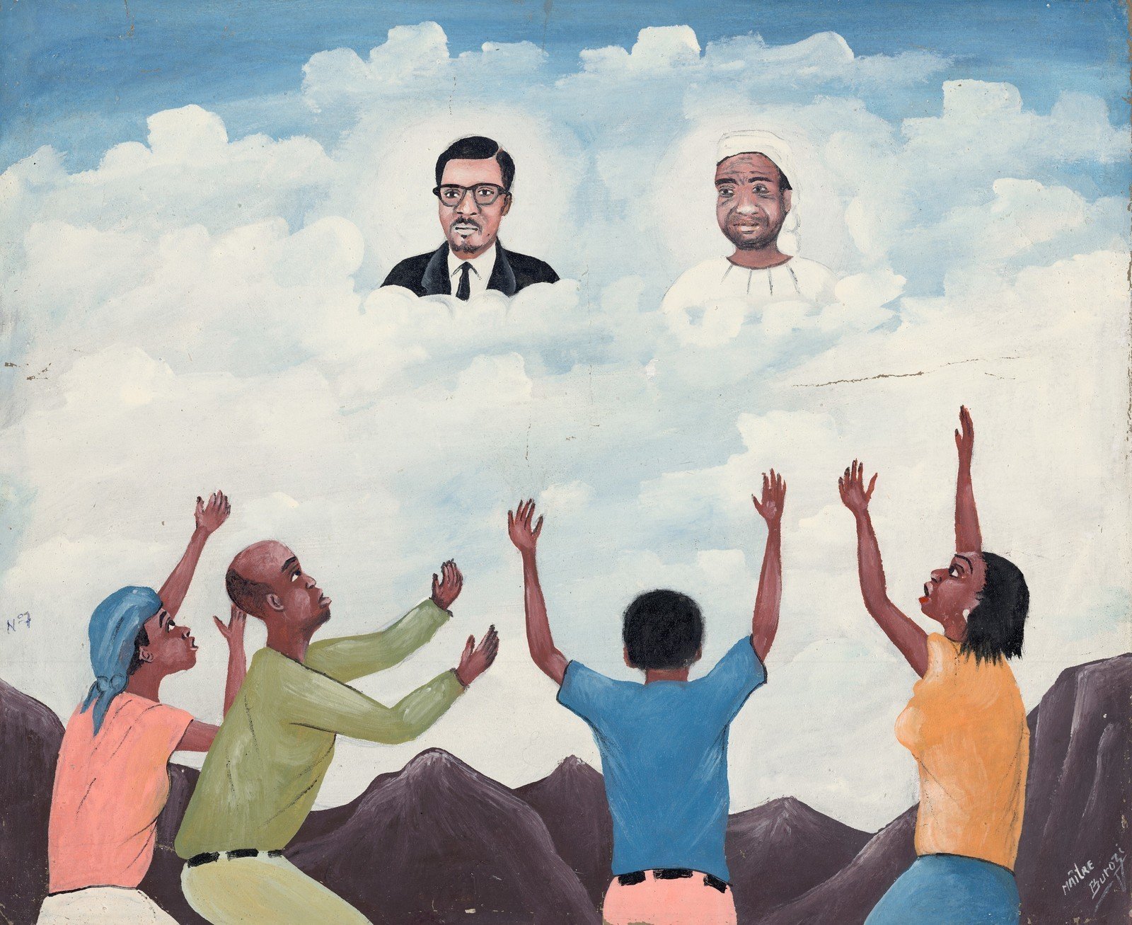 Burozi. Lumumba and Kimbangu in the clouds. Lubumbashi, Haut-Katanga, DRC, 1997. Oil on canvas. RMCA Collection, Tervuren.