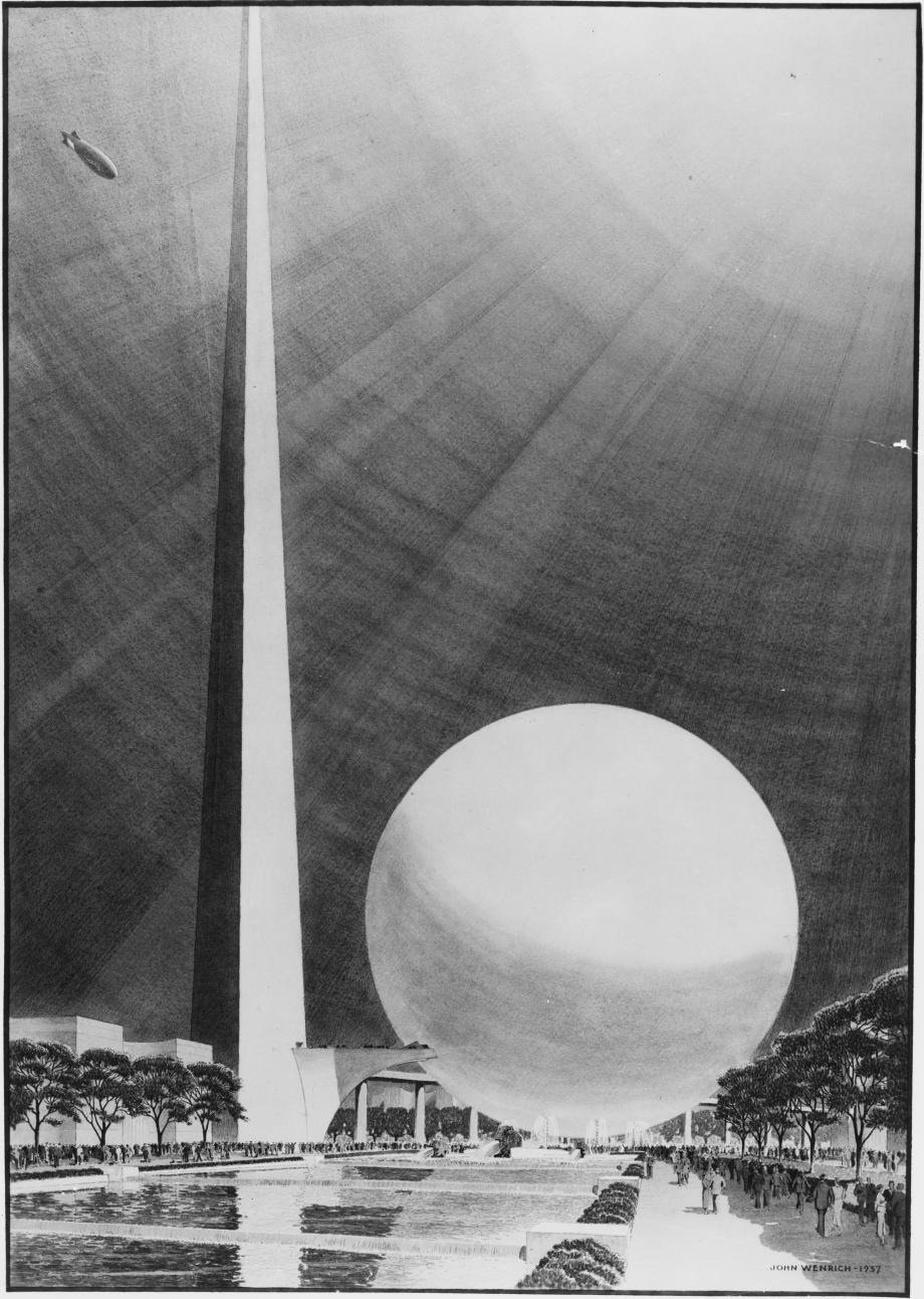 &laquo;Трилон и Перисфера&raquo;, Центральный павильон Всемирной выставки 1939 года в Нью-Йорке. Визуализация Хью Ферриса.&copy; Avery Library