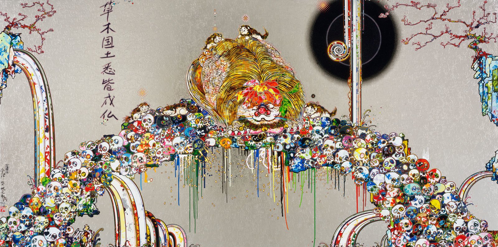 Takashi MurakamiLion Peering into Death's Abyss, 2015Acrylic, gold leaf and platinum leaf and gold on canvas mounted on aluminum frame150 &times; 300 cmCourtesy Perrotin&copy; 2015 Takashi Murakami/Kaikai Kiki Co., Ltd. All Rights Reserved.