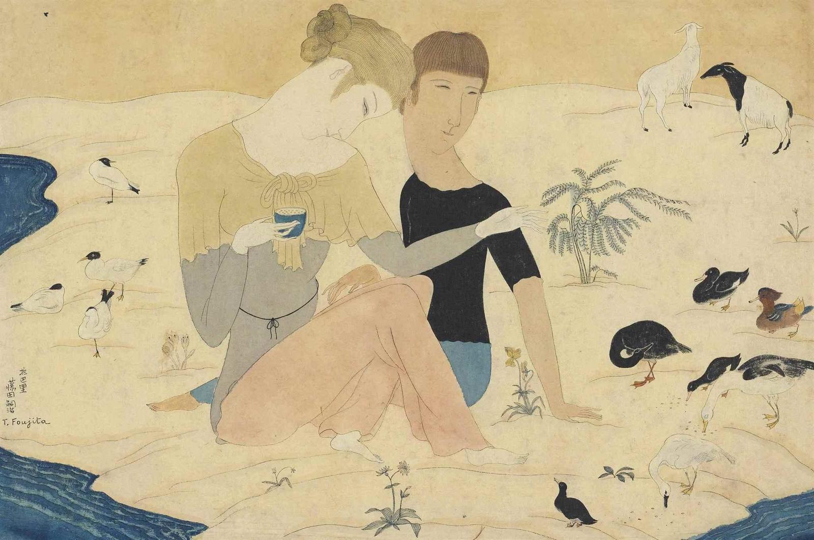 Tsuguharu Foujita, Young Couple and Animals, 1917. Watercolor, pen and ink on paper.