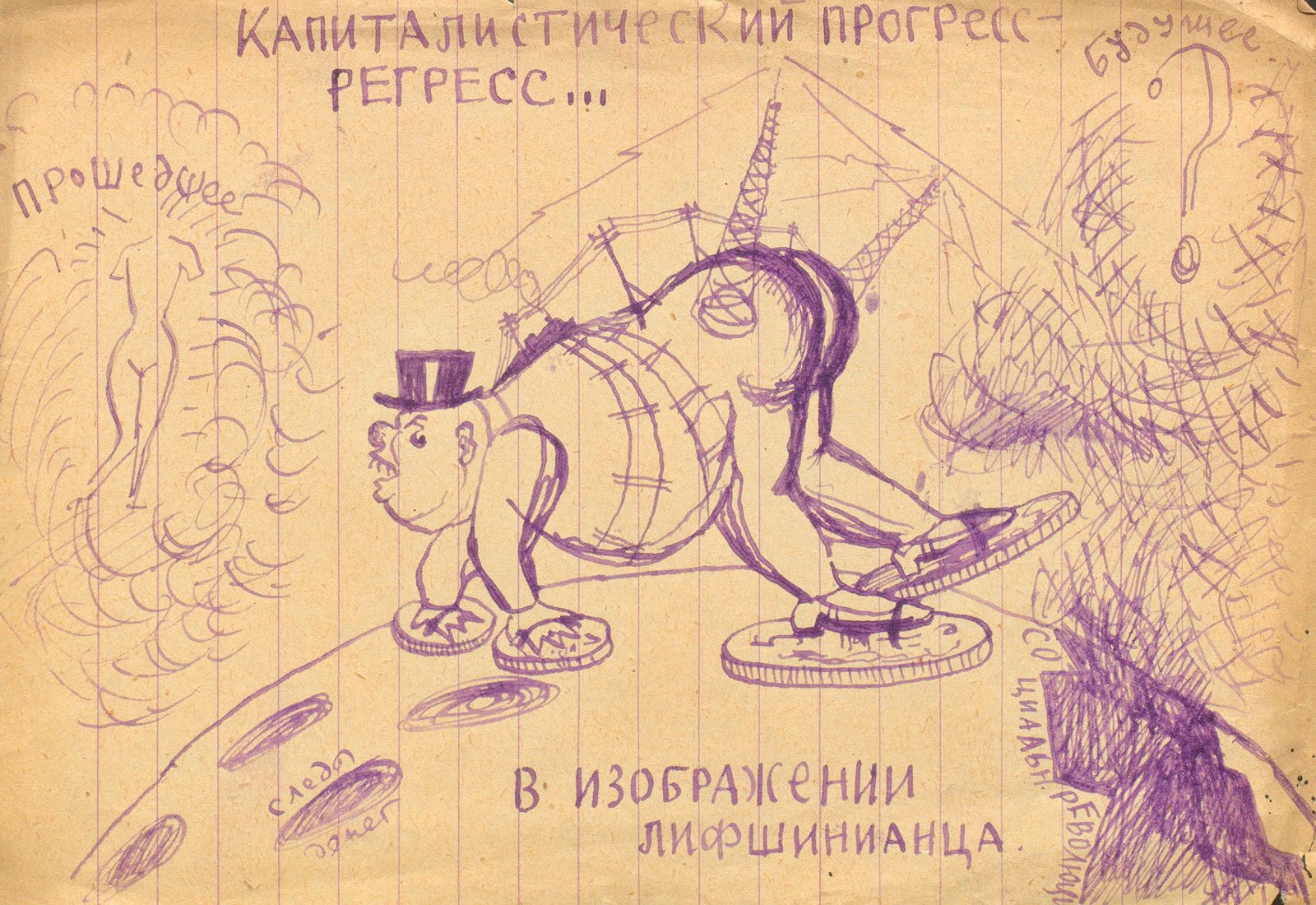 Vladimir R. Grib Realistic fantasies (grotesques and caricatures), Capitalist progress-regress in the depiction of the Lifshitsian.Drawing (caricature)Courtesy The Russian State Archive of Literature and Arts