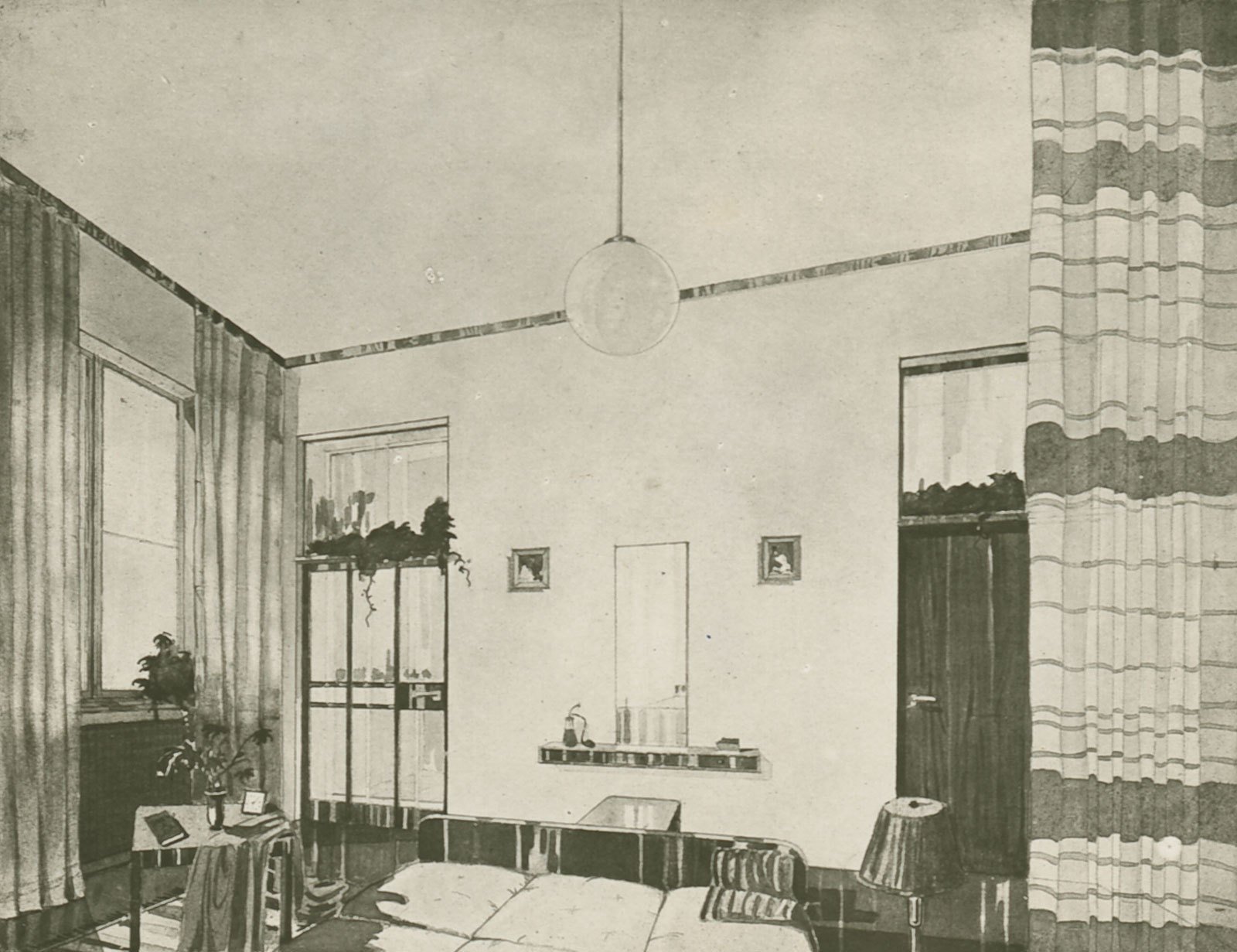 Antonin Urban, Perspective and wall elevations of the bedroom of a living unit,193516.5 &times; 23.5 cmPhotographic reproductionModernist Archive, Bauhaus University, Weimar